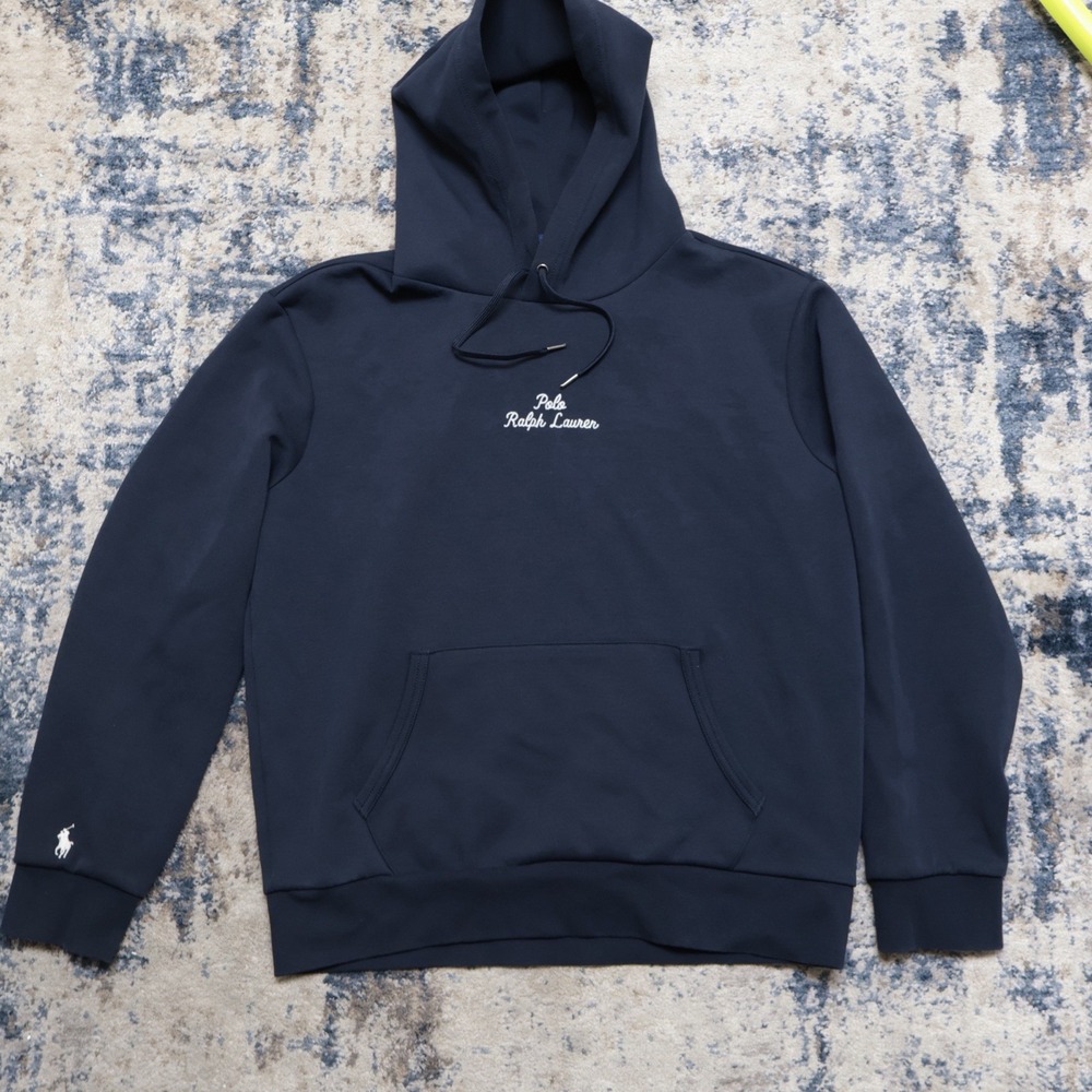 ⁠Polo Ralph Lauren Men Double Knit Hoodie Sweatshirt Navy Blue Script Size Large